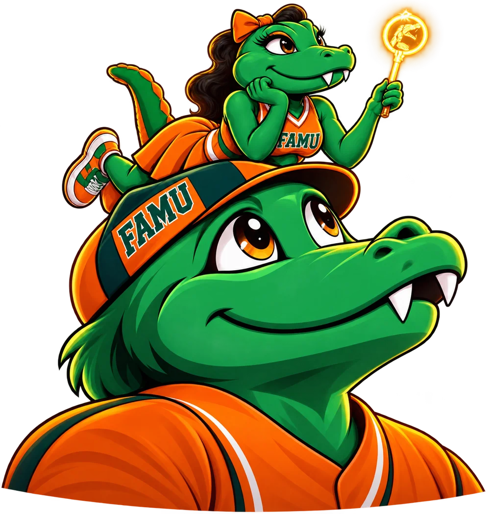 Two illustrated green alligators in orange and green, with a glowing golden wand